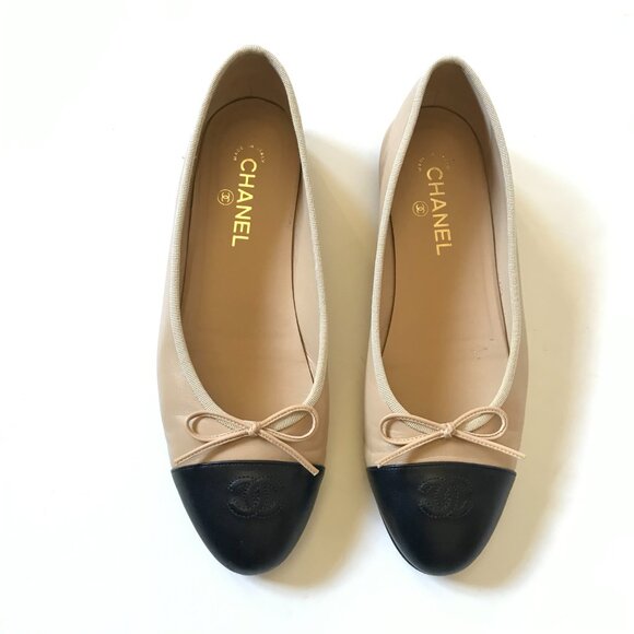 Chanel Cap Toe Ballet Flats Womens 42 11 Black Beige Nude Leather CC Logo Shoes - Picture 3 of 13